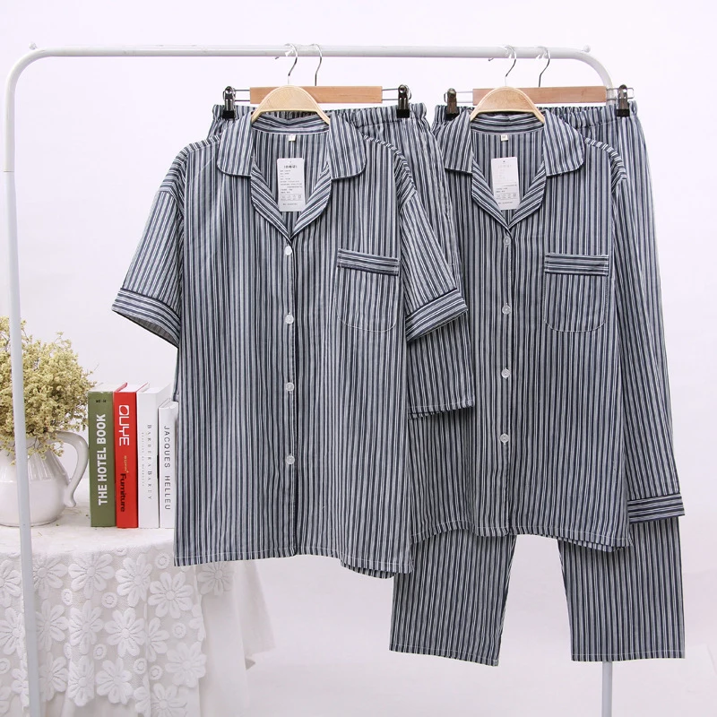 cotton pj set JULY'S SONG 2 Pieces Cotton Men's Pajamas Set Casual Striped Long Sleeve Lapel Collar Sleepwear Spring Summer Homewear Nightwear mens pjs