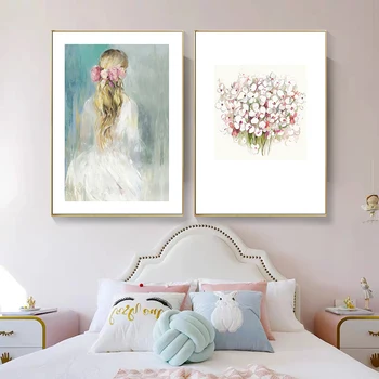 

Nordic Canvas Painting White Fresh Flowers Pretty Girl Art Posters and Prints For Kids' Bedroom Decor Home Wall Picture Unframed