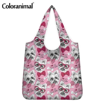 

Coloranimal Fashion Women Shopper Bags Eco-Friendly Bags Cute Dog With Bow Print Grocery Bags for Lady Large Tote Shopping Bags