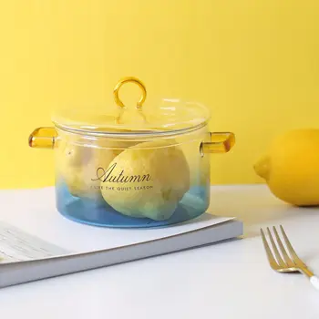 

Creative Blue Color Glass noodles bowls with lid and handle small pot for salad storage