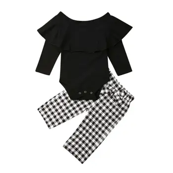 

0-24m Baby Girls Clothes 2020 New Ruffle Long Sleeve Black Rompers Tops Plaid Bow Wide Pants Baby Girls Outfits Newborn Clothing