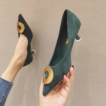 

2020 Spring Woman Shoes Pointed Toe High Heels Round Metal Boat Shoes Pointed Toe Dress Shoes Women Office Lady Shoe Black 8003N