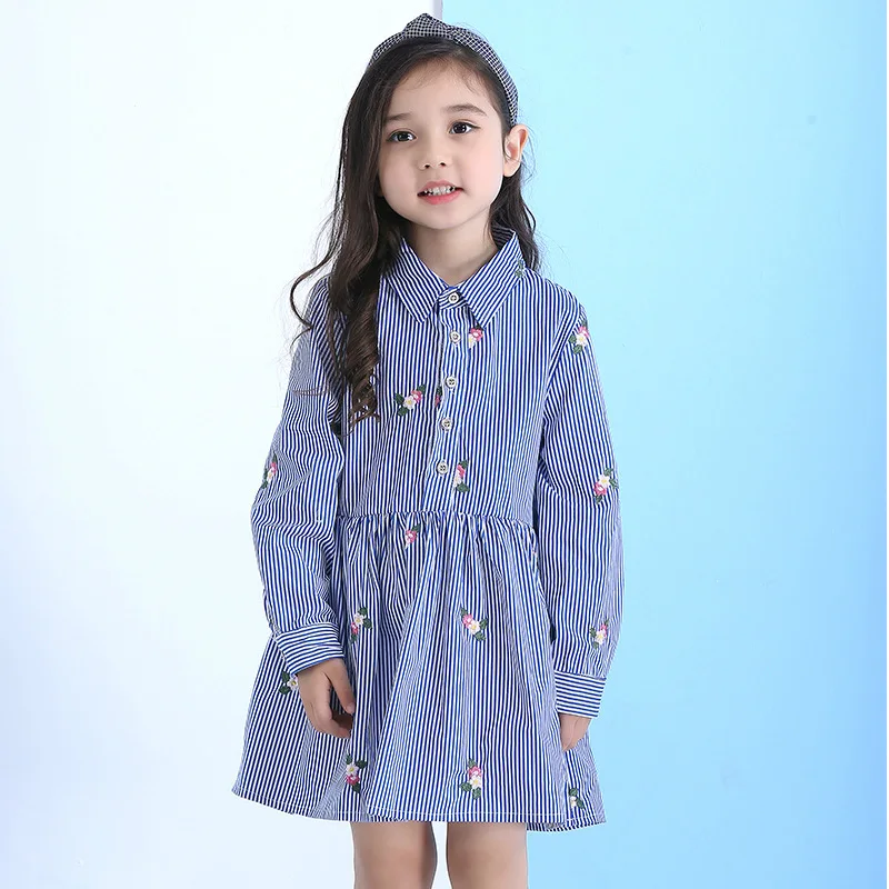 2019 Весенняя Новинка Детская одежда в Корейском стиле Dtyle версия в полоску с вышивкой для девочек; детское платье с длинным рукавом платье с