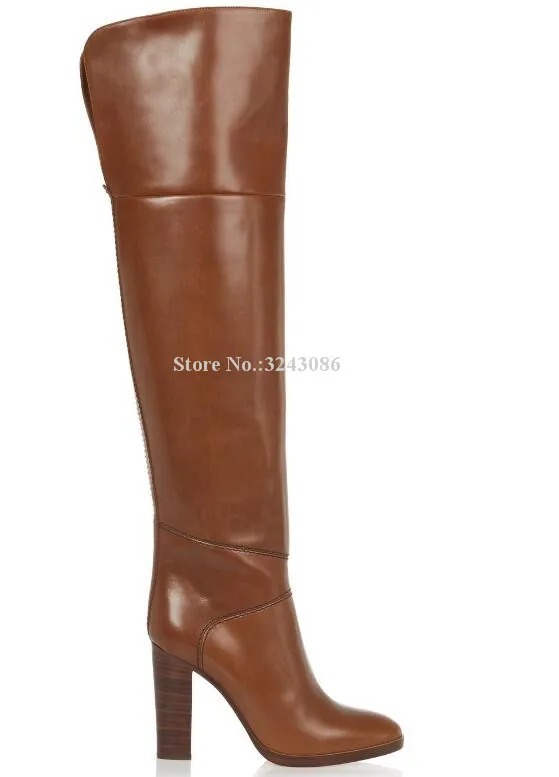 Новинка; женские высокие сапоги из коричневой кожи на не сужающемся книзу массивном каблуке; фирменный дизайн; ботфорты; обувь знаменитостей для торжеств; Прямая поставка; большие размеры