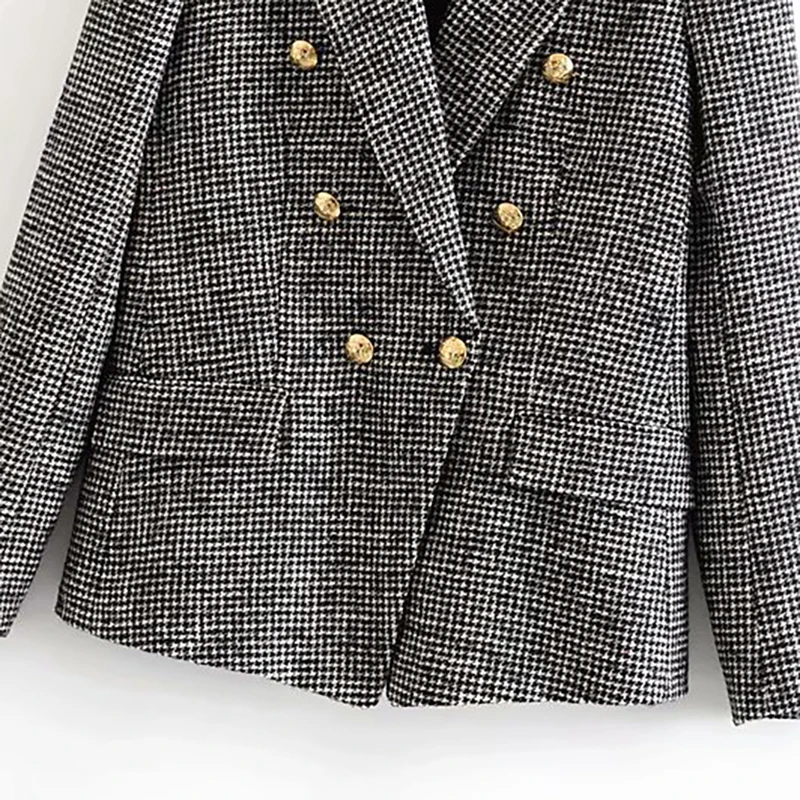 Kopen Elegante Vrouwen Tweed Plaid Blazers Pakken Gekerfd Nek Houndstooth Jas Double Breasted Zakken Mode Jas Vrouwelijke Chaquetas