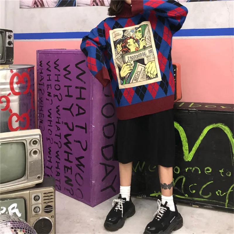 Теплый свитер женский корейский Свободный Harajuku стиль мультфильм высокий воротник пуловер большой размер свитер