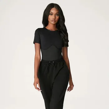 

2020 European and American new popular style sexy spliced women's corrugated round-neck half-sleeved jumpsuit