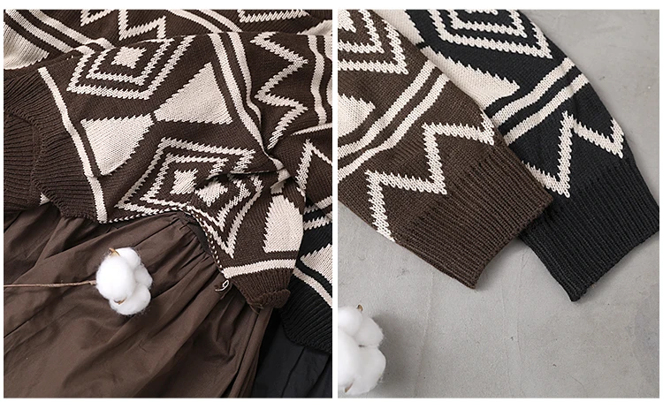 Женский зимний Корейский стиль размера плюс верхняя одежда литературная геометрическая мозаика сшивание свободный свитер