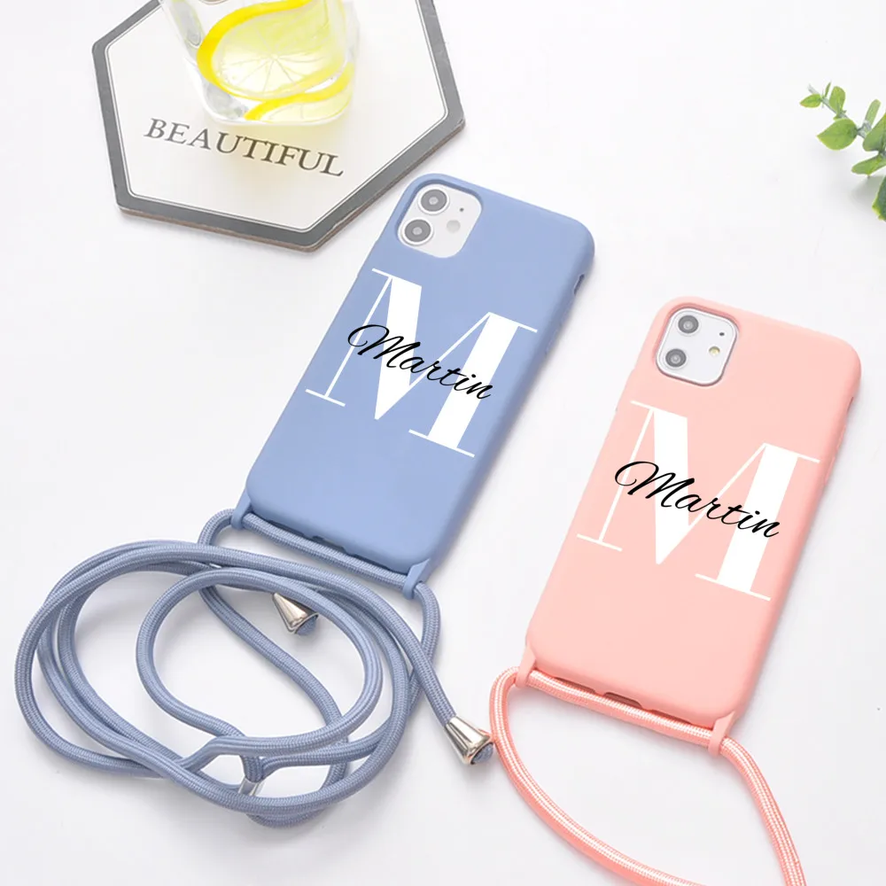 Custom Name for iPhone 13 Pro Max 11 7 8 Plus X XR XS 10 Case Soft Silicone Case With Strap Rope 12 Pro Cover SE 2020 Funda DIY iphone 13 pro max clear case