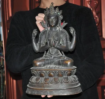 

christmas 12"Tibet Buddhism purple copper 4 Arms Chenrezig kwan-yin Goddess Buddha Statue New Year