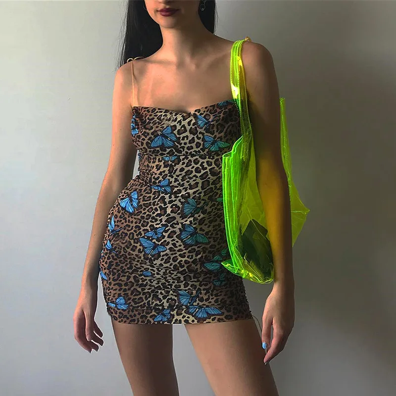 

New Streetwear Spaghetti Strap Mini Dress Women's Leopard Print Butterfly Backless Dress Sexy Bodycon Party Dresses Vestidos
