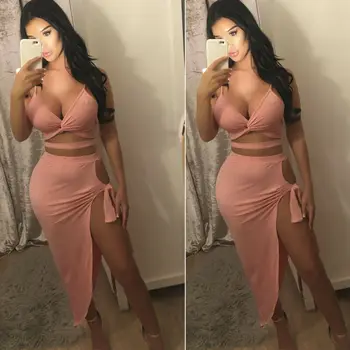 

2 Piece Set Women Solid Sexy Two Piece Set Skirt Knot Top For Summer Party Club Wear High Slit Clothing Conjunto Feminino