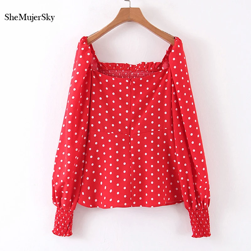 

SheMujerSky Women Vintage Red Blouse Autumn Long Sleeve Square Neck Dot Print Tops 2019 Elastic Shirts