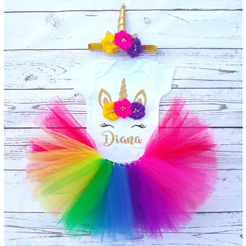 

Personalize Rainbow unicorn girl birthday outfit Custom name age any Character baptism baby shower body tutu set cake smash