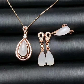 

MEIBAPJ CLASSIC NATURAL WHITE JADE GEMSTONE JEWELRY SET 925 STERLING SILVER 3 SIUT FINE JEWELRY FOR WOMEN