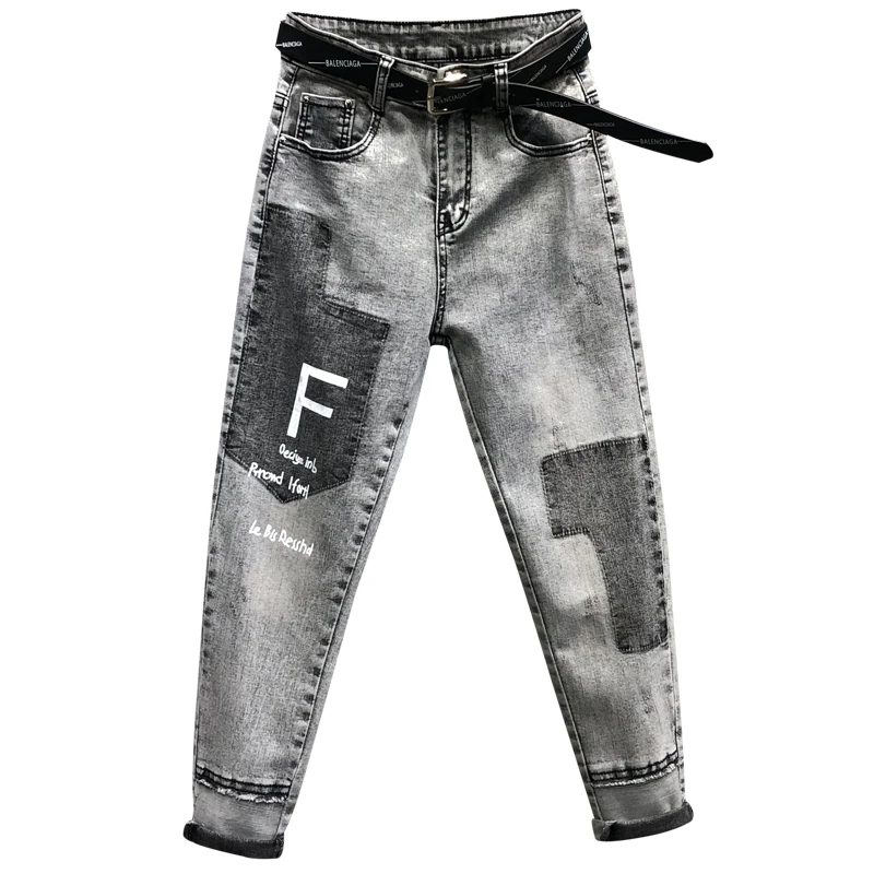European Spring and Autumn New Patched Embroidered Letter Jeans Pants Loose Harem Trousers Female Students Denim Trousers