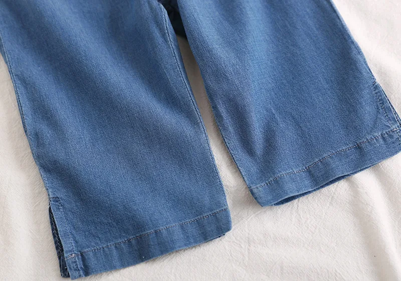 Летняя детская одежда для девочек эластичные джинсы из Tencel Капри с разрезом 40314