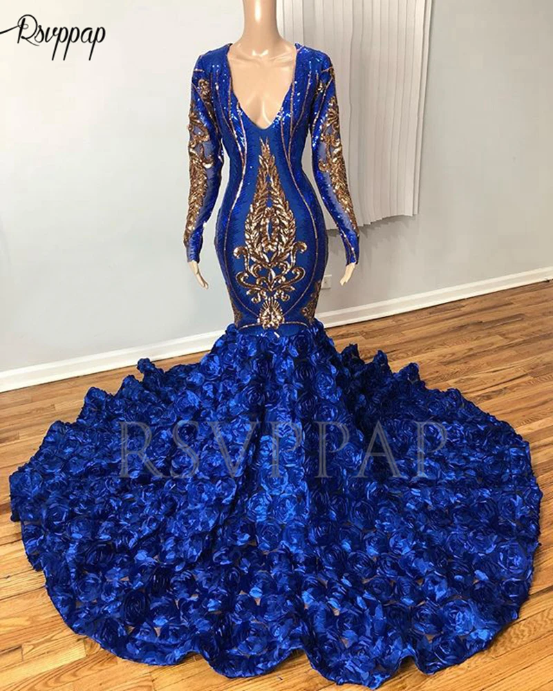 Королевское синее длинное платье для выпускного вечера es реальные фотографии сексуальное платье с v-образным вырезом и золотыми пайетками 3D цветы длинный рукав русалка платье для выпускного вечера