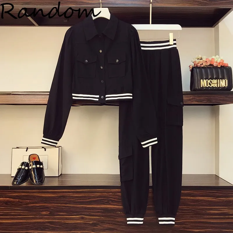 Plus Size 4XL Women High Street Suit Black Clothing Tracksuit Jacket Coat Crop Top And Pant Two Piece Set 2021 Winter Outfits |