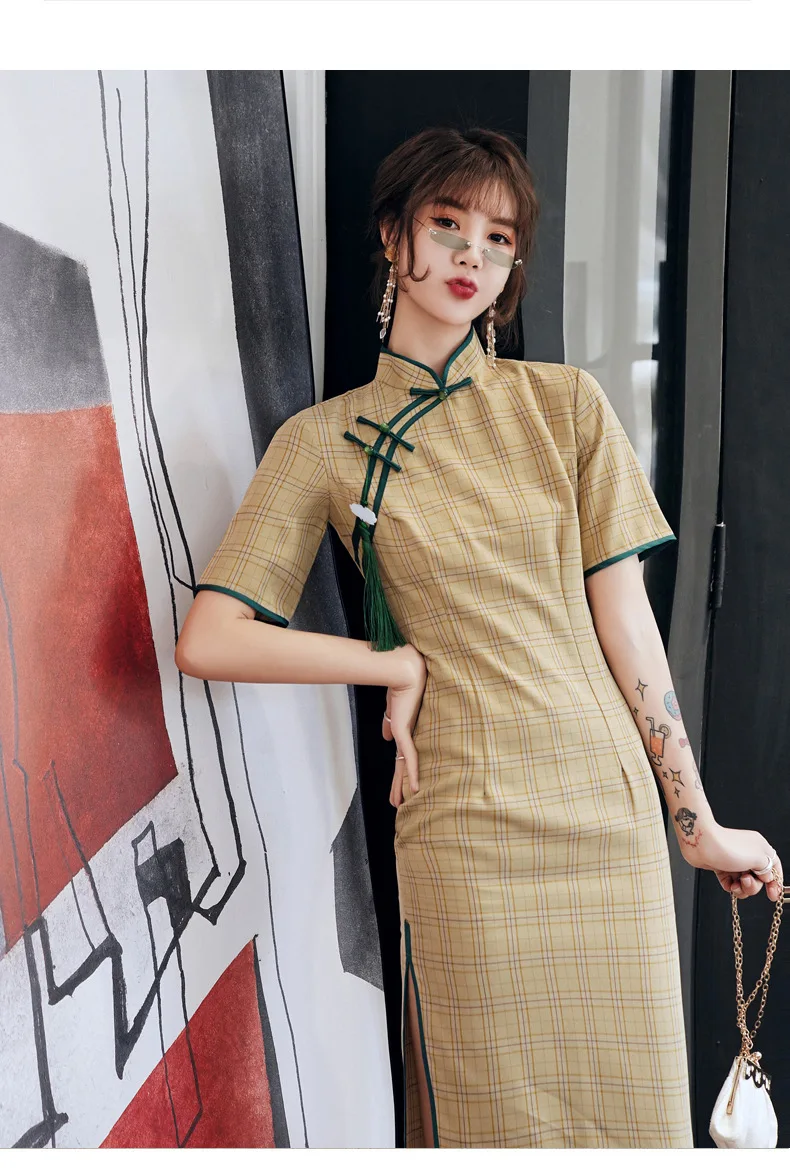 

New summer original design Chinese old Shanghai style grid print big size retro improved long cheongsam dress for women