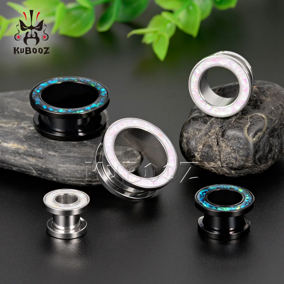 Paire De Tunnels D'oreille (gauges) Noir Coquillage Bois – Taille 2G (6 Mm) – Acier Chirurgical 316L, Pierres Opales – Pour Stretching, Piercing