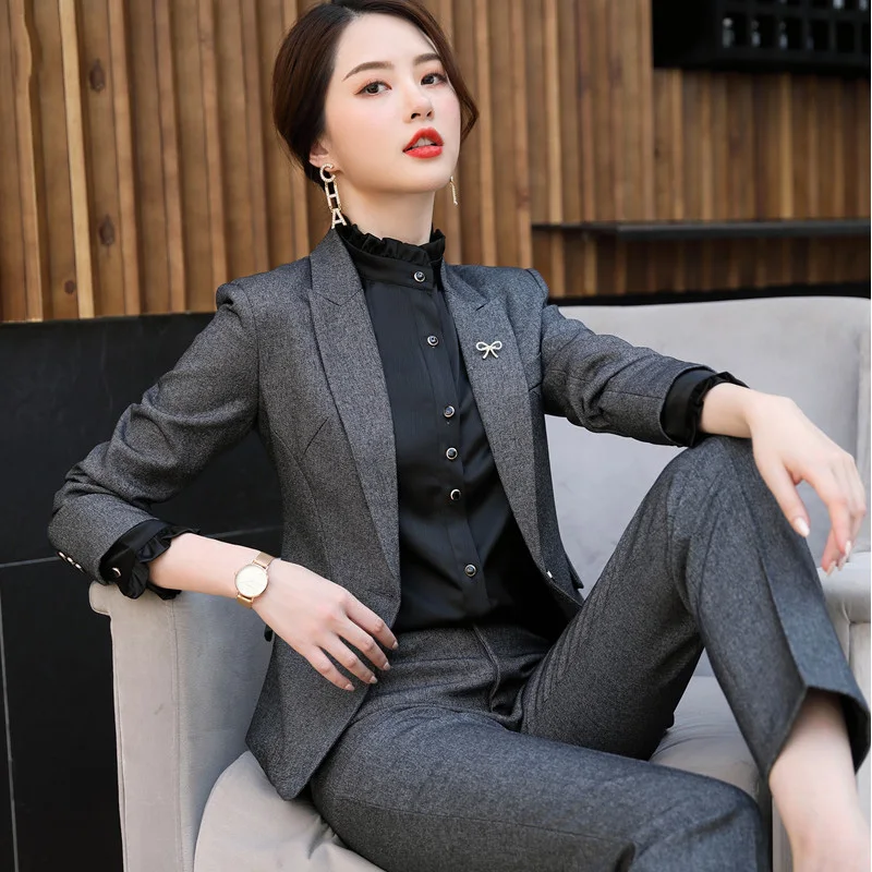 gray and trouser Temperament fashion professional Women suit OL Office Lady suit Business interview suit set Slim fit Blazer and pants - Цвет: gray and trouser