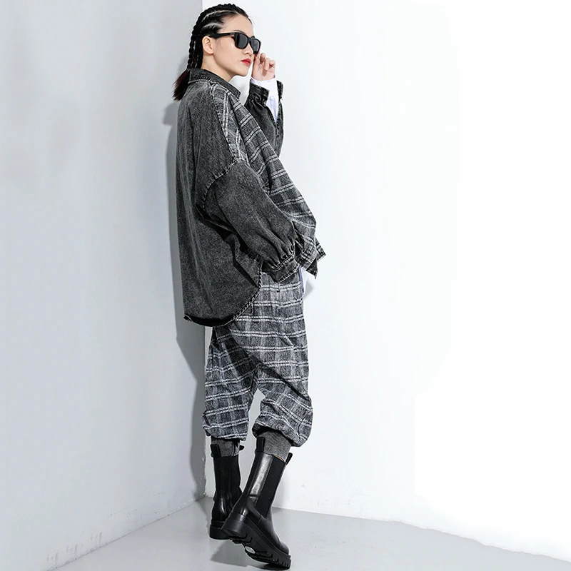 [EAM] High Elastic Waist Black Denim Plaid Harem Trousers New Loose Fit Pants Women Fashion Tide Spring Autumn 2020 1DA090