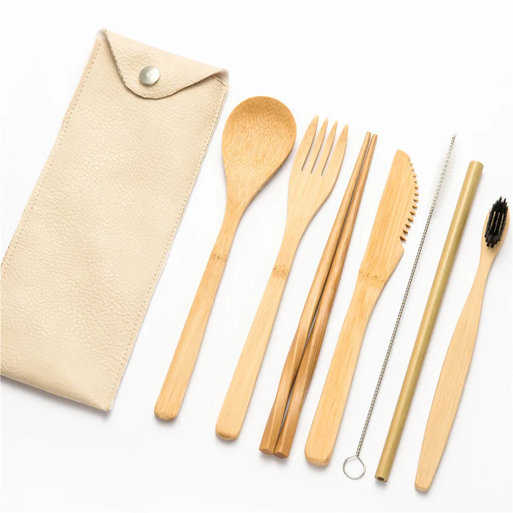 8pcs setA015 Кожаная сумка набор посуды набор столовых приборов из бамбука 7/8/10 шт. набор Западная Еда обеденный Роскошные чайная ложка Ножи столовый набор из вилок ложка - Цвет: 8pcs setA015
