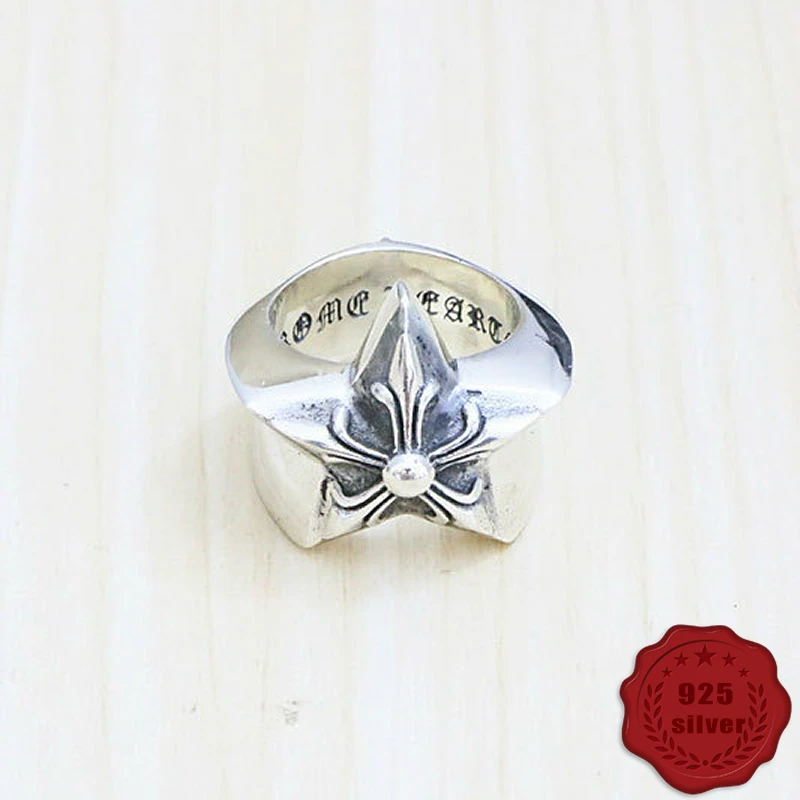 

100% 925 Sterling Silver Hip Hop Pentagram Ring Creative Personality Punk Rock Street Dance Style Exquisite 2018 New hot