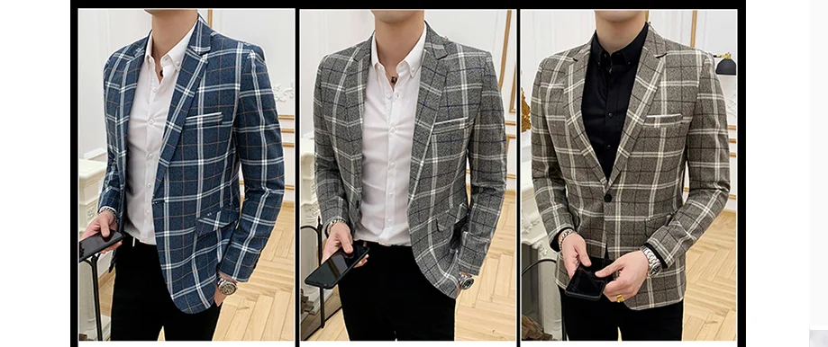 Модные Клетчатый костюм Для мужчин куртка Размеры S M L XL XXL XXXL осень-зима Для мужчин блейзеры зауженный крой Для мужчин повседневные платья костюм