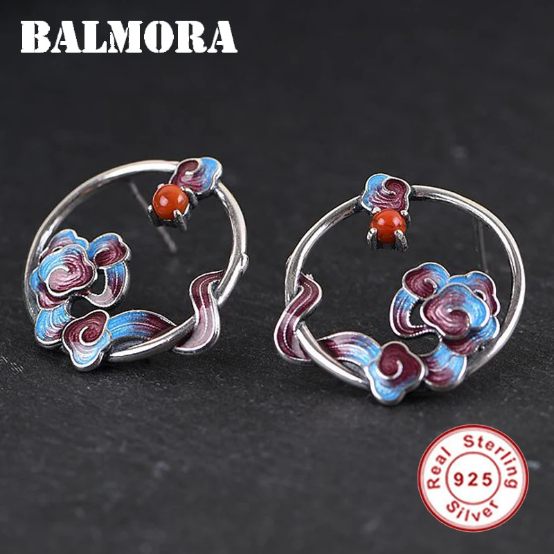 

BALMORA 100% Real 925 Sterling Silver Cloud & Carnelian Stud Earrings for Women cloisonné-style Antique Fashion Jewelry Brincos