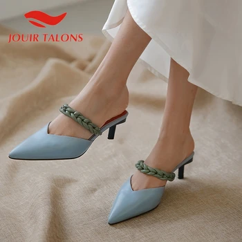 

JOUIR TALONS Dropship Genuine Leather Women Mules Sandals Thin Heels Pointed Toe Outside Summer Women Slides