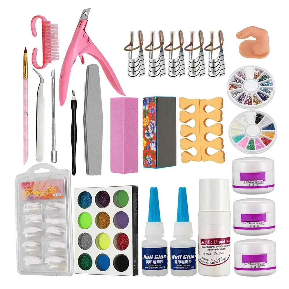 Набор для дизайна ногтей, акриловый Жидкий блеск, пудра, файл, кисть, форма, советы, инструменты, Набор для творчества