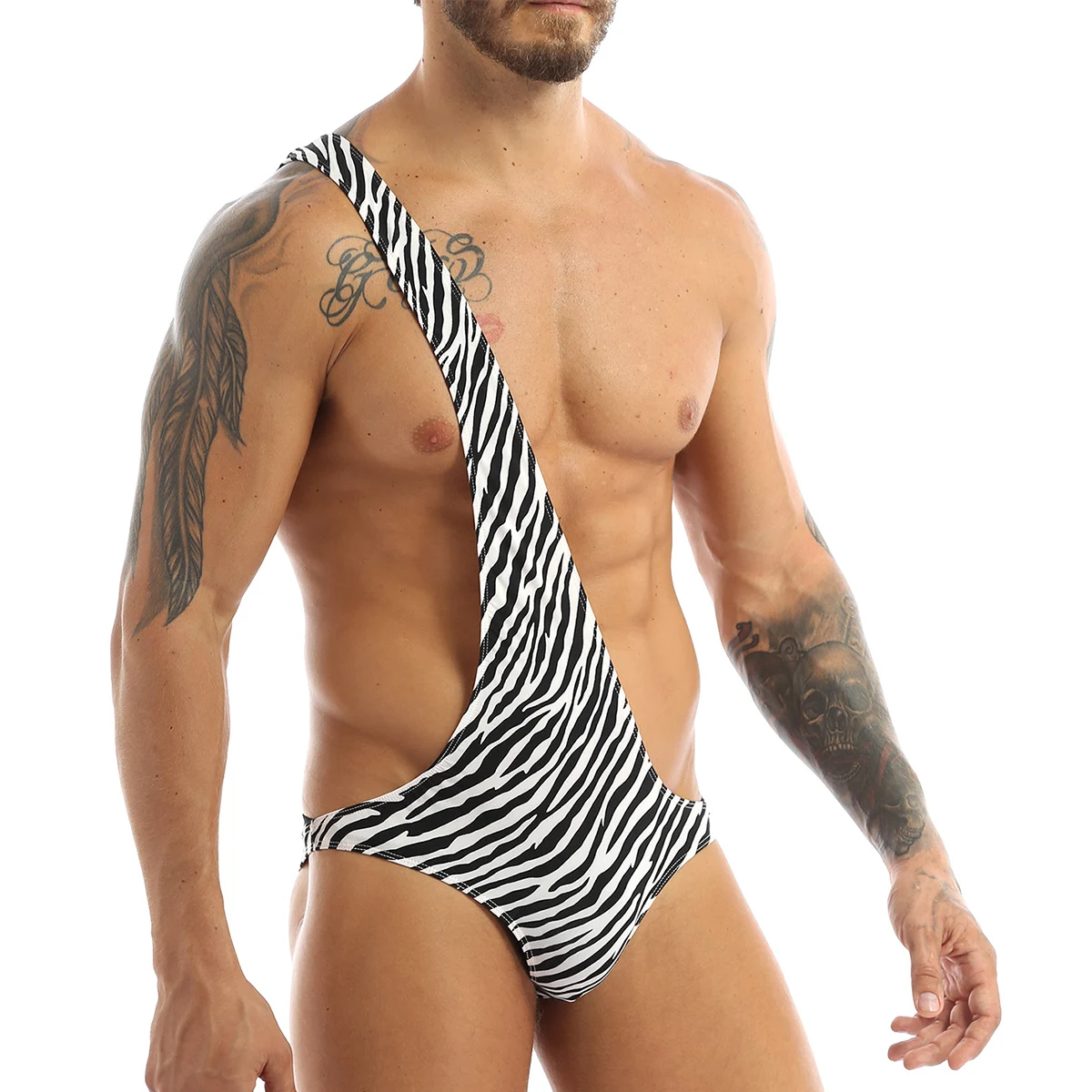 Men Underwear MSemis Mens Lingerie Mankini Strap Thong Sexy Zebra Striped Teddies Exotic Costumes One-shoulder Bodysuit Gay Underwear Swimwear men underwear sexy lingerie