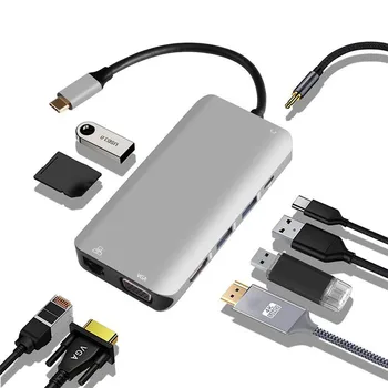 

10 in 1 Aluminum USB hub C-type C to HDMI VGA RJ45 USB 3.0 For SD TF Card Reader Supports SST / MST mode 821#2