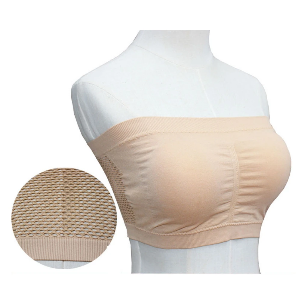 

Women Strapless Bandeau Bra Seamless Bralettes Mesh Back Hollow Out Stretchy Crop Tube Top Padded Bra