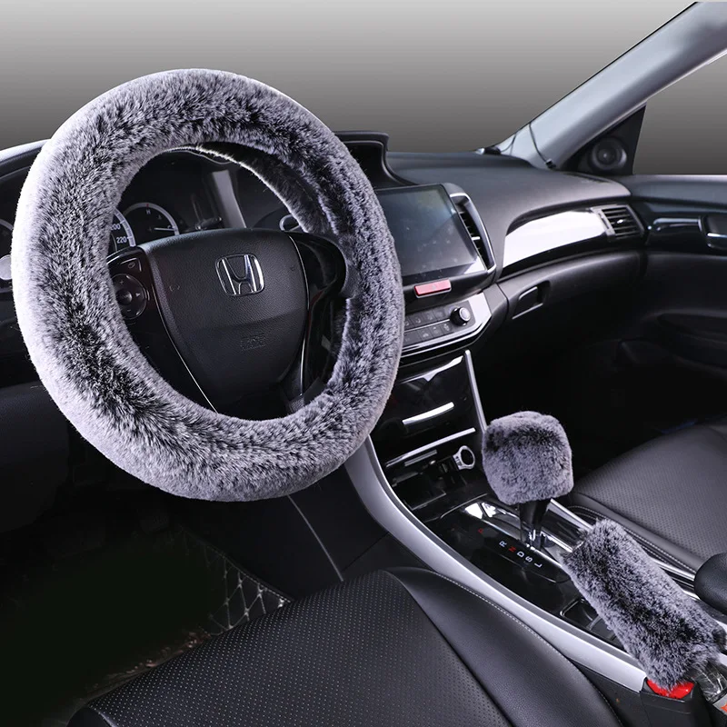

1 Set 3 Pcs Soft Wool Steering Wheel Cover Universal Winter Warm Plush sheepskin Braid On The Car Steering-wheel
