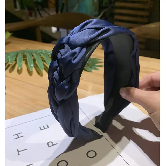 New Wide Weaving Hairbands Autumn Girls Hair Accessories Hoop Women Green Braid Headband Fashion Bezel Navy Blue