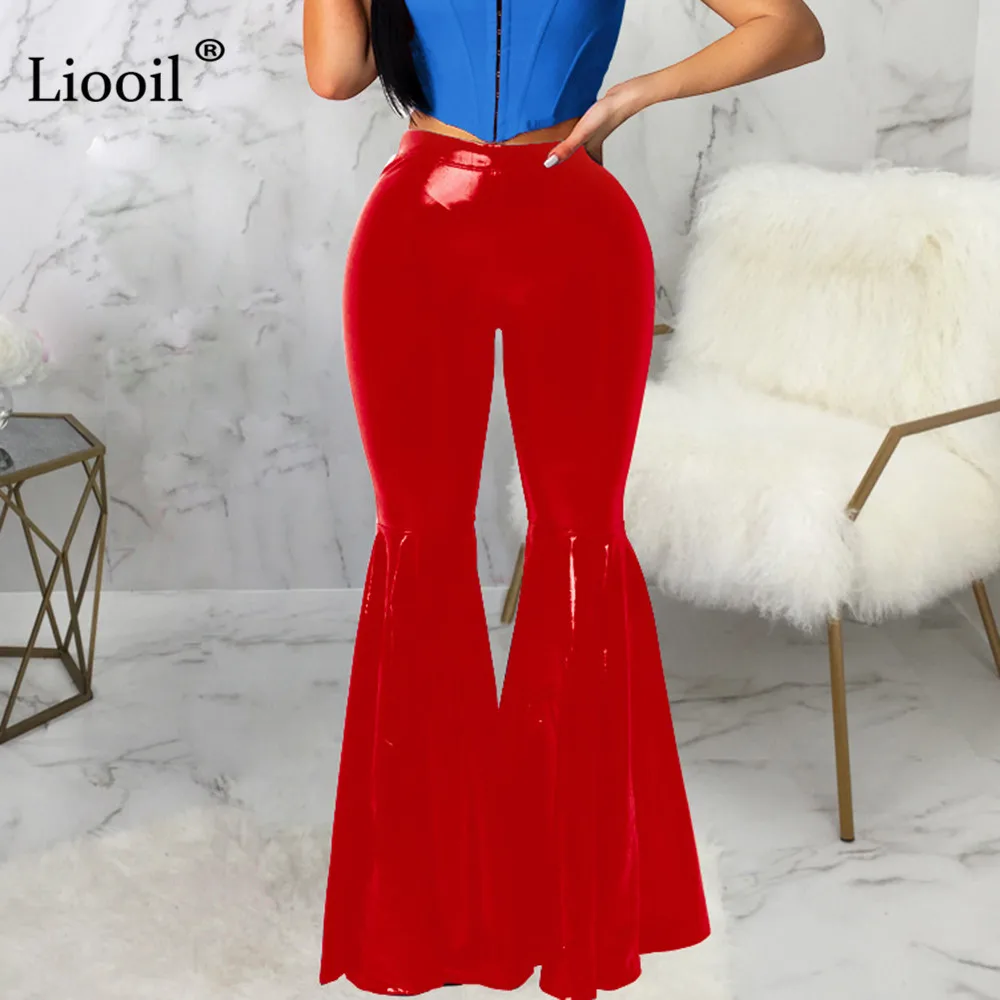 Liooil брюки-клеш из искусственной кожи с высокой талией,, уличная одежда, Сексуальные клубные обтягивающие брюки, женские облегающие брюки черного и красного цвета - Цвет: Красный