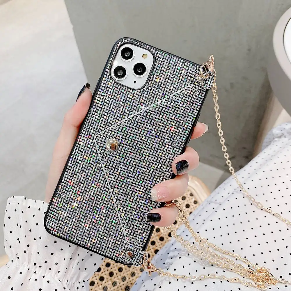 Модный чехол кошелек на шнурке для iPhone 11 Pro XS MAX XR X 7 8 6 6S Plus блестящий со стразами и
