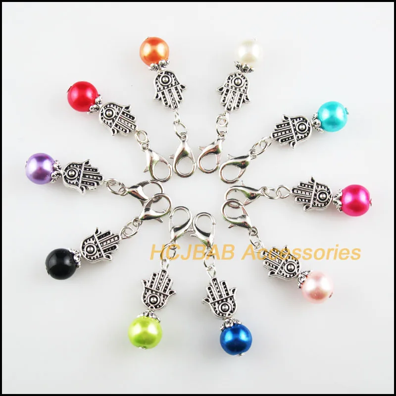 

10 New Palm 10x25mm Charms Mixed Ball Glass Tibetan Silver Plated Retro With Lobster Claw Clasps