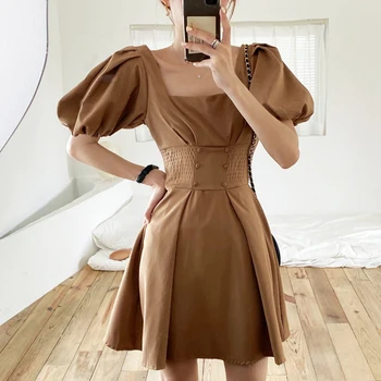 

South Korea Chic French Vintage Square Neck Halter Strap Crimp Waist Slimming Short Puff Sleeve Dress Women