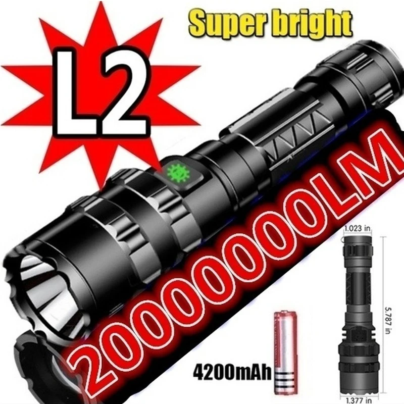 

L2 USB Rechargeable LED Flashlight Flash Ultra Bright Hunting Lights White Waterproof High Power Tactical Torch 18650 Battery