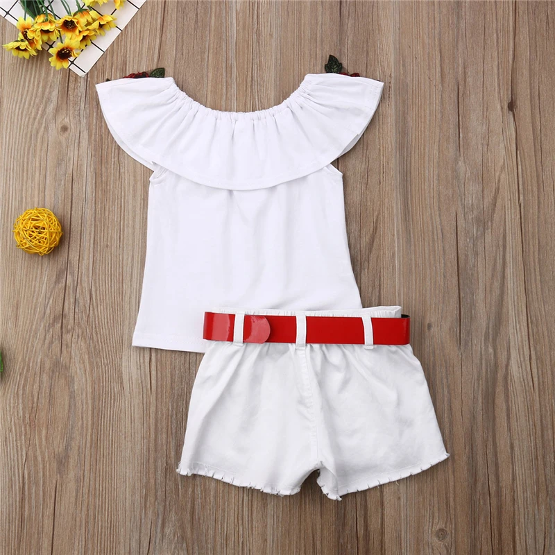 Kids Clothing Set Girls Rose Flower Off Shoulder Tops+Denim Shorts Baby Girl Summer 2PCS
