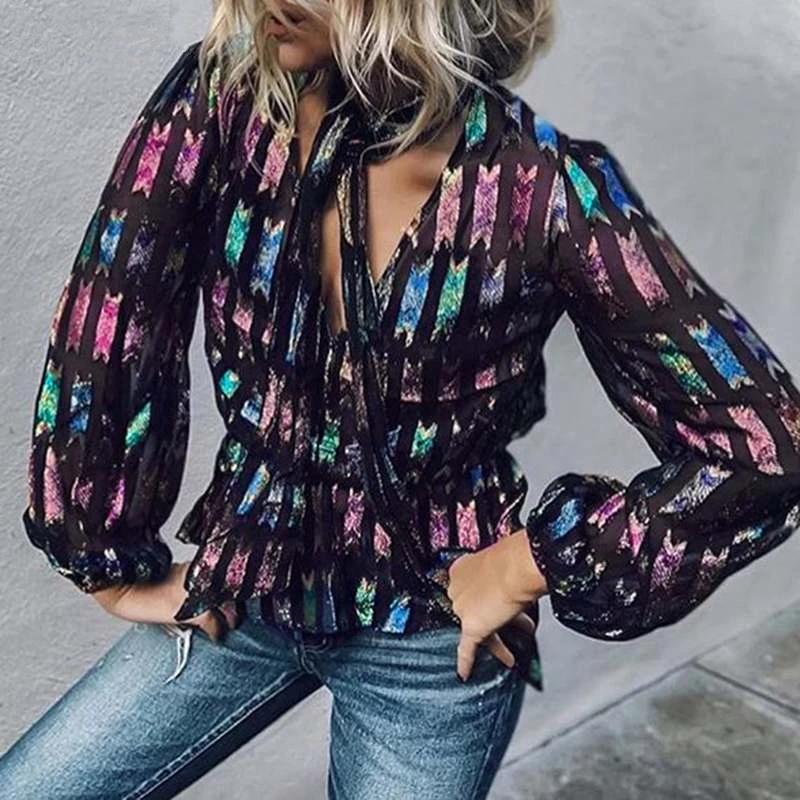 

2019 Autumn Vintage Printed Shirts Women Sexy V Neck Long Sleeve Blouse Plus Size Tops Femme Blouse And Tops Tunic S-5xl
