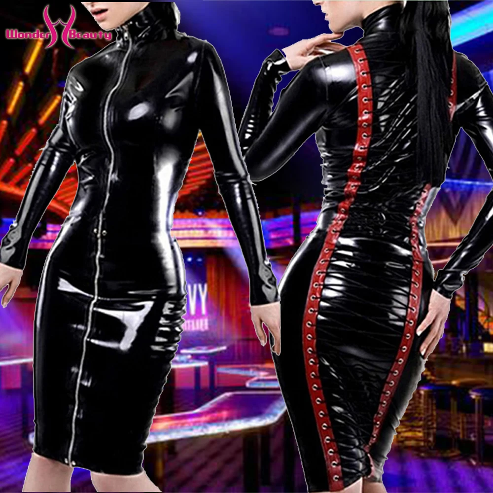 Long Sleeve Faux Leather Dress Zipper Lace Up Midi Bodycon Wet Look Vinyl Party Night Club Dresses Vestido (8)
