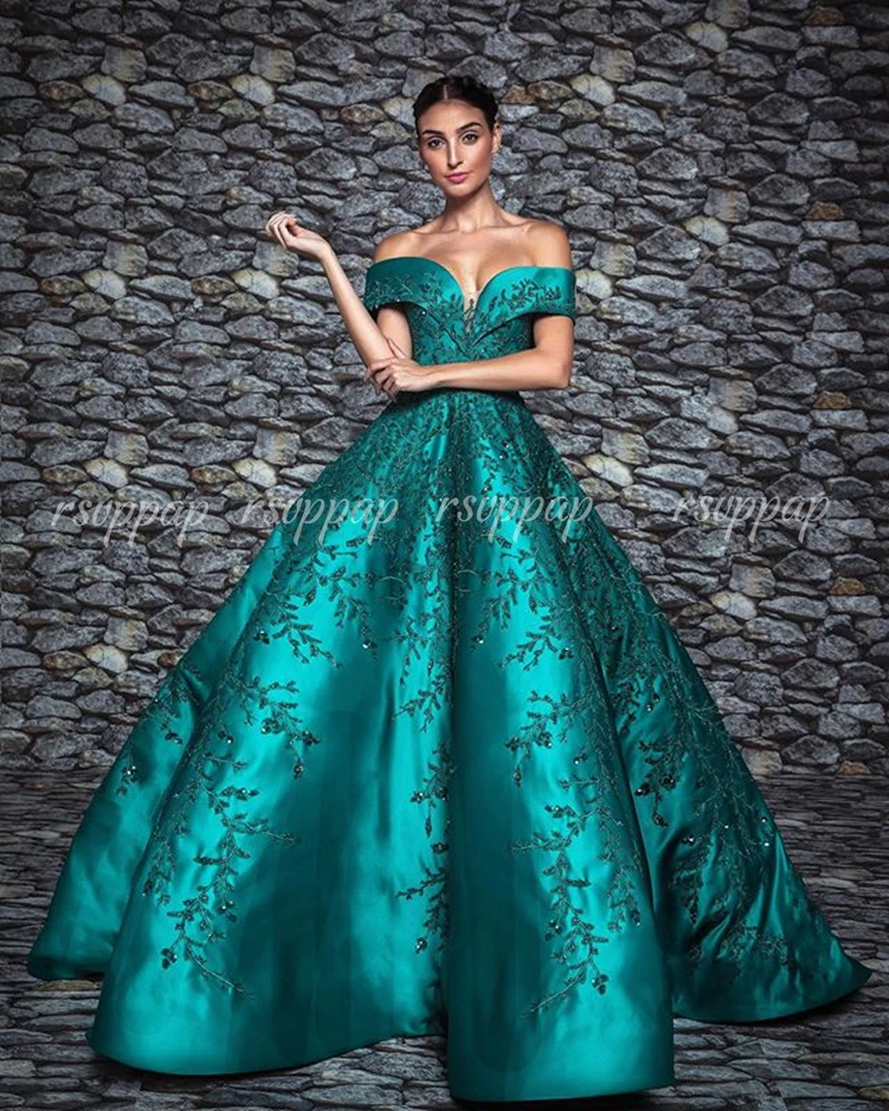 Long Elegant Evening Dress Sweetheart Cap Sleeve Beaded Lace African Emerald Green Women Party Evening Gowns