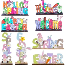 Happy Easter Decoration Easter Spring Wooden Ornament Rabbit Eggs Bunny Carrot Wood Desk Craft Easter Decor For Home Kids Gifts