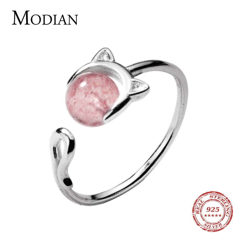 Modian Pink Crystal Cute Cat Face Open Adjustable Ring for Women Fashion Sterling Silver 925 Animal Ring Fine Jewelry Bijoux