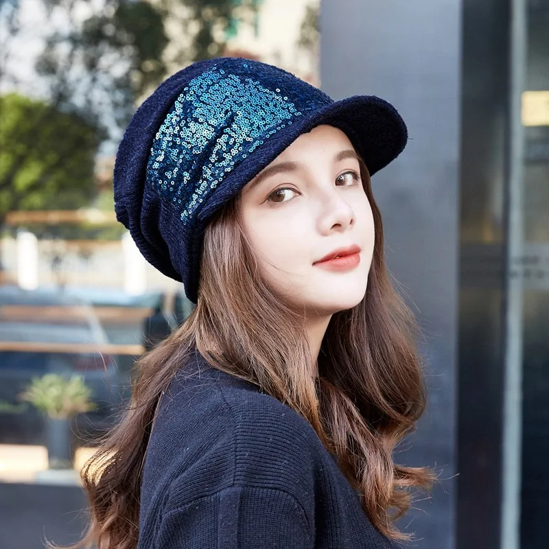 Knitted Sequins Baseball Caps Ladies Korean Style Pure Color Shiny Autumn Winter Warm Wind-proof High Quality Comfortable Caps